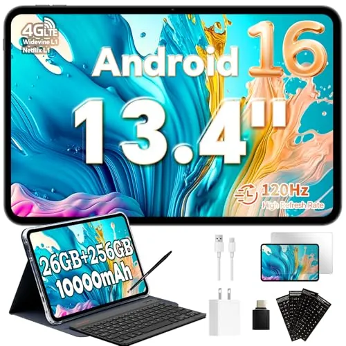 TECLAST T65 Tablet 13.4 Pulgadas Android 16, Pantalla 120Hz,10000 mAh, 26 GB RAM + 256 GB ROM, Doble SIM 4G LTE, 2.2GHz Octa-Core, 5G WiFi, Widevine L1, GPS, Tablet con Teclado y Lápiz
