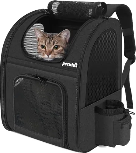 Pecute Transportin Perro Mochila para Mascotas ＜6kg, Mochila Gato con Ventana de Malla, Transportin Gato 44x34x27cm para Viajes en Coche, Tren y Actividades al Aire Libre como el Senderismo Negro