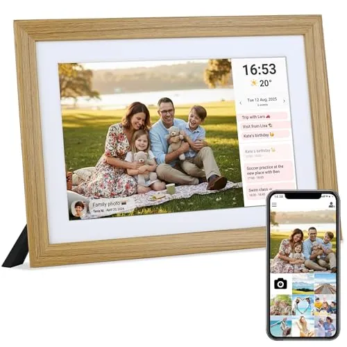Veidoo Marco de Foto Digital WiFi, Pantalla Táctil de 10 Pulgadas, 32 GB Memoria, Rotación Automática, Música/Video/Calendario/Reloj, Fotos y Videos a través Frameo, Regalo para la Familia(Burlywood)