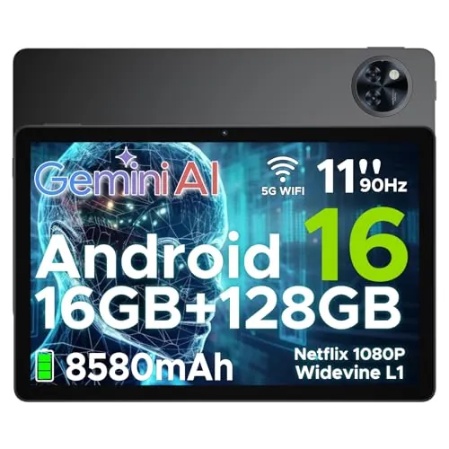 U11 Tablet 11 Pulgadas, 16GB RAM+128GB ROM/2TB TF Tablet, Batería 8580mAh, Octa-Core Unisoc T7200, HD 90Hz Tablets Android 16, Widevine L1/Gemini AI/13MP+5MP/WiFi 5G/Face ID/GPS/OTG/Audio 3.5mm Jack