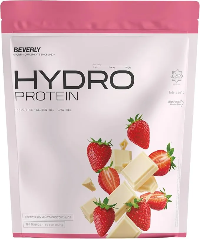Beverly HYDRO PROTEIN – Proteína Hidrolizada de Suero con DigeZyme® y Tolerase® | 29 g Proteína por Ración | 1 kg (28 Servicios) | Alta Digestibilidad (Chocolate blanco fresa)