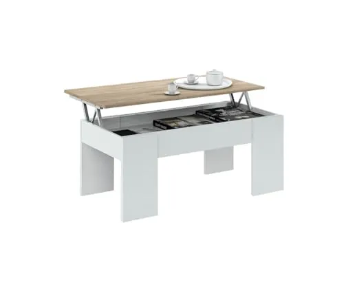 Habitdesign - Mesa de Centro Elevable Kendra (Modelo LC), Mesita Auxiliar de Salón o Comedor con Almacenaje Interior, Blanco Artik y Roble Canadian, Medidas: 100x50x45-56 cm