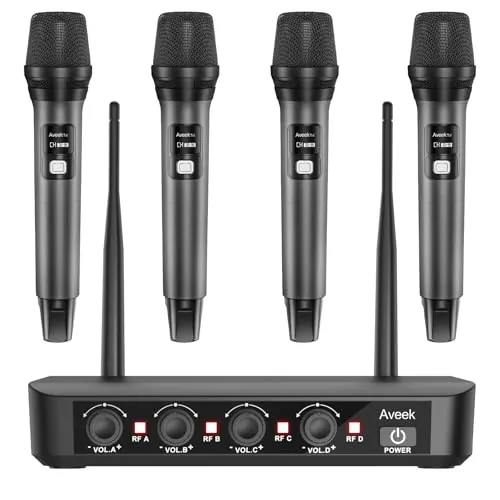 Aveek Sistema de Micrófonos Inalámbricos 4 Piezas,80m Alcance Baja Latencia | Batería 40H, Sonido Vocal Claro, Micrófonos Dinámicos de Mano para Karaoke, Canto, Discurso, Iglesia, Escenario, Boda,Eventos