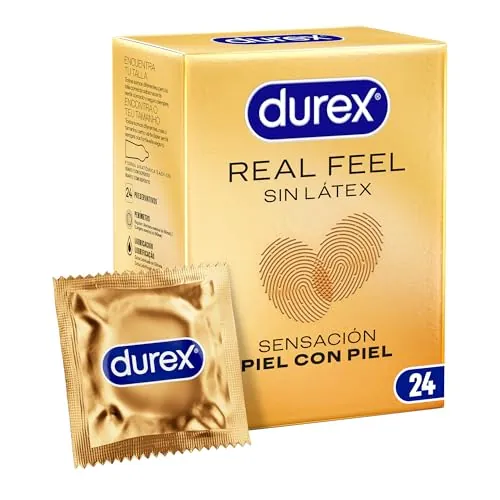 Durex Preservativos Real Feel, Extra lubricados, Sin Látex, Forma Easy-On, 24 condones