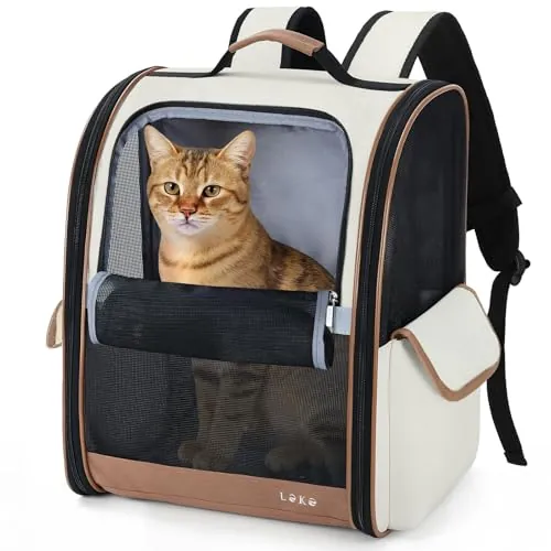 Lekesky Mochila para Gatos Transportín Perro Gato para Mascotas Medianas/Pequeñas (2-8 kg), Mochila Gato con Ventana de Malla para Senderismo, Viajes, Exterior (Beige, M)