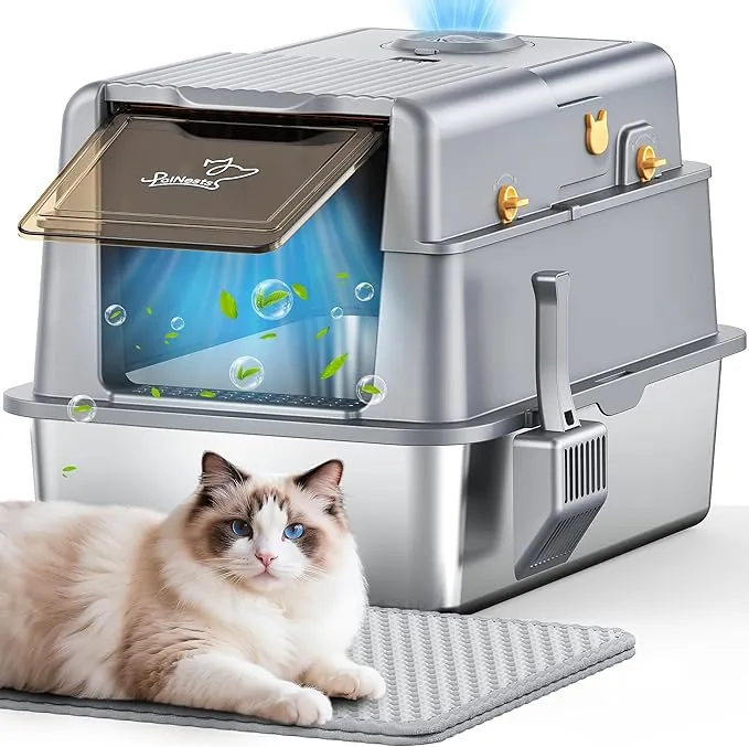 Arenero Gato Acero Inoxidable, XXL Caja de Arena para Gatos con Tapa Abatible de 105°, Arenero para Gatos Metal Extraíble con Desodorización de Aire Fresco Sistema, Caja de Arena con Pala