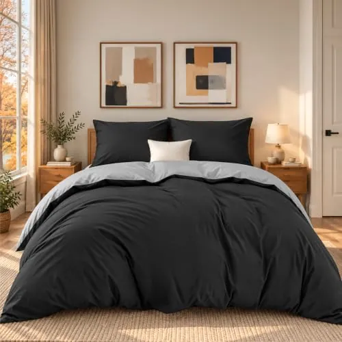 Dreamzie - Funda Nórdica Cama 150 con 2 Fundas de Almohada 50x70 cm | Reversible · Funda Edredón 240x220 · Negro/Gris Oscuro · Microfibra Ultra Suave · 3 Piezas · Cremallera · OEKO-TEX