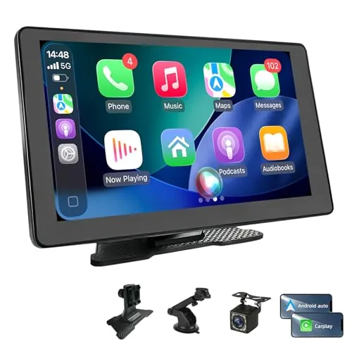 Pantalla Coche 9" con Carplay y Android Auto Inalámbrico - Pantalla Carplay con Cámara Trasera - Autoradio Portátil Car Play con FM Transmisor, AUX | Plug & Play para la Mayoría de Coches