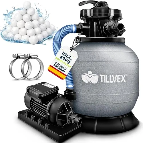 tillvex Depuradora de Agua para Piscina 7.900L/h + 400g Bolas de Filtro | 7 Funciones de Filtrado & Adaptador Ø32-38mm | Filtro de piscina con indicador de presión (Gris)