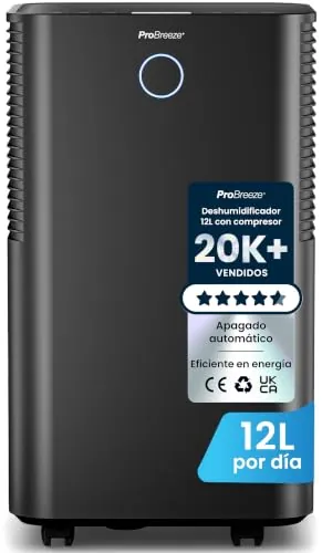 Pro Breeze OmniDry Deshumidificador 12L hasta 20 m²,Bajo Consumo, Silencioso, 3 Modos, Sensor de Humedad, LED, Tubo de Drenaje, Temporizador 24H, Secado de Ropa - Antihumedad armarios