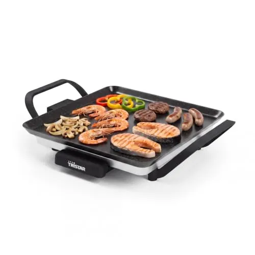 Tristar Plancha eléctrica, 28 x 28 cm, 800 W, para 2 Personas | Termostato ajustable, Revestimiento antiadherente, Bandeja de grasa extraíble, Asas de tacto frío extraíbles, BP-2666