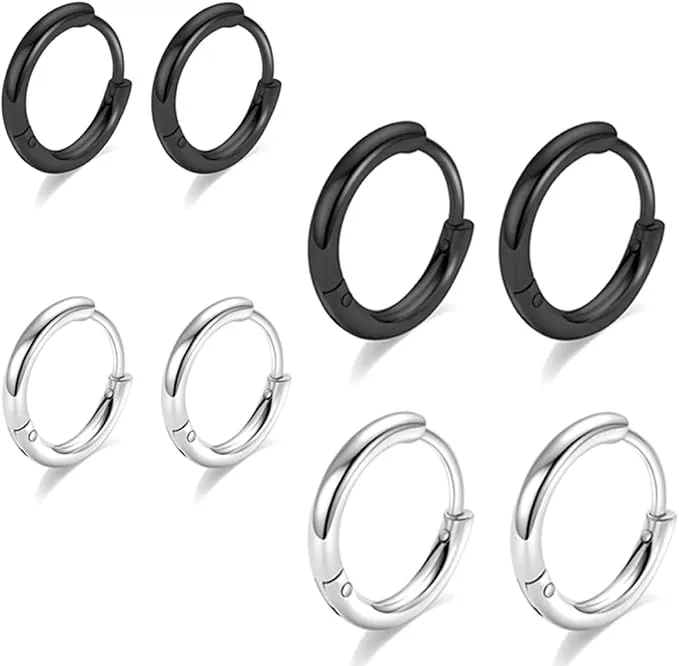 4 Pares Pendientes de Aro Titanio y Acero Inoxidable, Hipoalergénicos, 8/14mm, Versátiles para Mujeres, Hombres, Niñas y Adolescentes