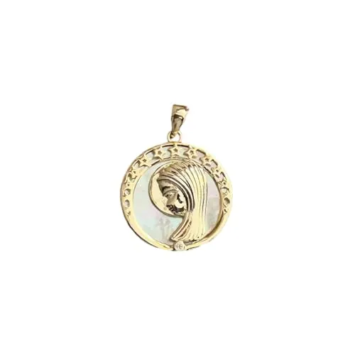Minoplata Medalla estrellas Virgen Niña de Plata de ley chapada en Oro con Nácar 20mm