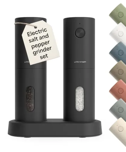 LARS NYSØM Juego de Molinillos Eléctricos de Sal y Pimienta - Automáticos | Salero y Pimentero Electrico Recargables por USB - Molino de Cerámica Ajustable - Set de Molinillo Sal y Pimento Electrico