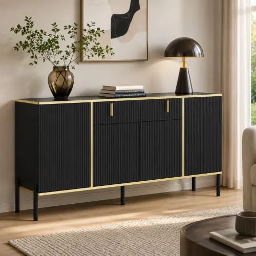 Aparador negro y dorado, 160 × 40 × 80 cm, 1 cajón, frente acanalado