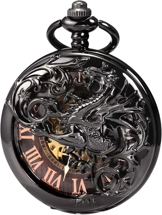 TREEWETO Reloj de bolsillo mecánico de dragón antiguo para hombre, color negro y bronce, doble caja con cadena