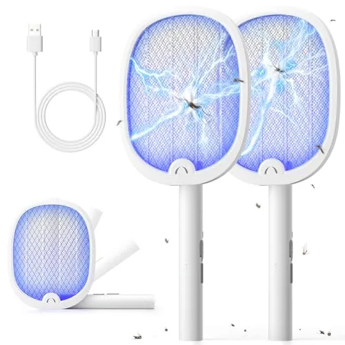 YISSVIC Raqueta Mosquitos Electrica 2PCS Mata Mosquitos Electrico Plegable 2 en 1 4000V 1800mAh USB-C Recargable Matamoscas Electrico de Luz UV