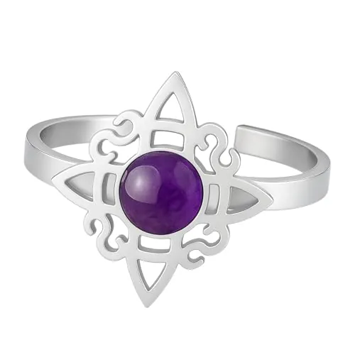 cotigo- Anillo Nudo De Bruja Para Mujer | De Acero Inoxidable Ajustable | Con Piedra Natural | Anillo De Proteccion Espiritual | Amuleto De Proteccion y Suerte. (CON AMATISTA)