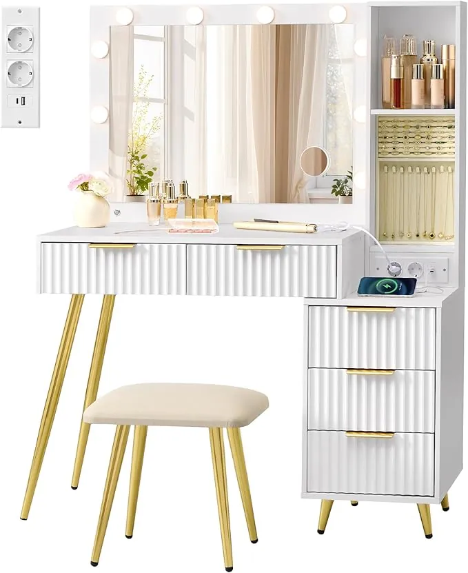 VASAGLE Tocador con Espejo y Taburete, Mesa de Maquillaje con Cajones, Lupa de 10x, Iluminación LED, Bandeja para Joyas, Enchufe Múltiple, 40 x 110 x 135 cm, Blanco Nube RVT020WB01