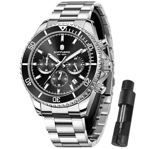 SAPPHERO Reloj Hombre Cronografo Analógico Movimiento de Cuarzo 50M Impermeable Relojes para Hombre Banda de Acero Inoxidable Clásico Casual Diseñador Relojes Elegante Regalo para Hombre