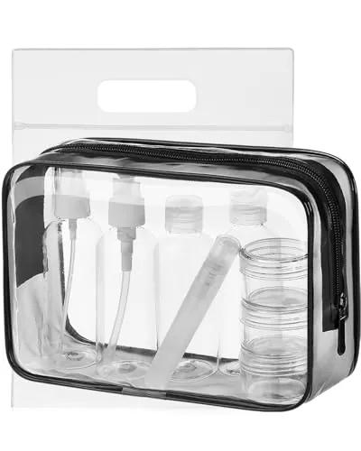 MOCOCITO Neceser Transparente con 8 Botellas de Viaje (MAX.100ml) y 1 Bolsa de Vuelo para Líquidos (20x20 CM,1L), Bolsa de Cosméticos Impermeable para Hombre y Mujer