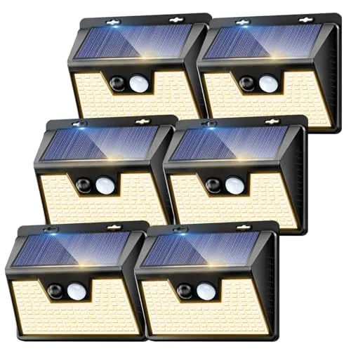 kolpop Luz Solar Exterior potente Blanco cálido,[6 Paquete/3 Modos] focos led exterior solares 140 LED, Luz solar exterior con sensor de movimiento Impermeable IP65 foco solar para terraza