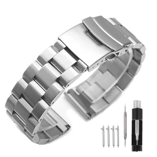 Kai Tian Correas de reloj de acero inoxidable sólido para mujer Correa reloj de plata Relojes de 18mm Correa de metal Cierre de despliegue Pulsera de reloj de mujer
