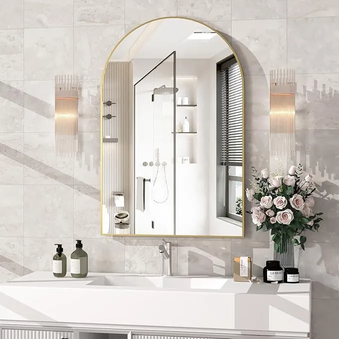 Espejo montado en la Pared, Espejo de Pared arqueado para baño, Espejo de baño de Arco de 60x90cm Marco de Metal, decoración de Espejo Dorado Manto, Dormitorio, Entrada
