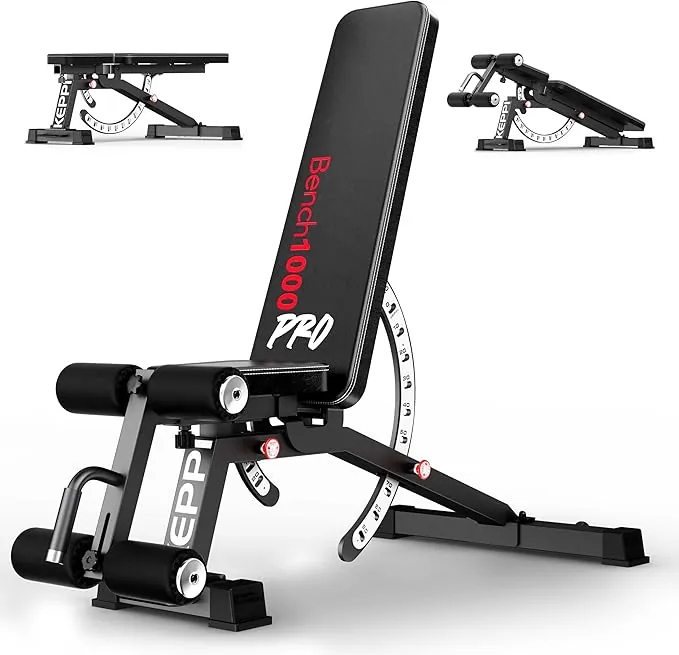 Keppi Banco Musculación, con Capacidad de 600 kg, Banco de Pesas Multifuncional y Banco Abdominales para Entrenamiento en Casa, Incluye Sujetapiés Extraíble y 12+3 Ajustes - Bench1000 Pro