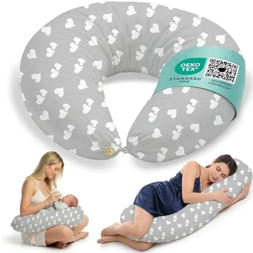 Almohada Embarazada y Cojin Lactancia Bebe para Dormir XXL Idea Regalo para Nuevas Mamás con Funda de 100% Algodón Almohada Multifuncional para Apoyo Espalda y Relleno Suave Accesorio de Maternidad
