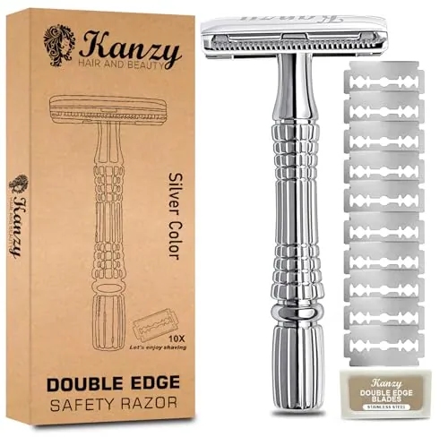 Kanzy Maquinilla de Afeitar Doble Filo para Hombre y Mujer con 10 Cuchillas, Safety Razor Set de Afeitado Manual Adecuado para Todos Cuchilla Clasica