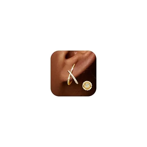Diamday Pendientes Mujer Oro Pendientes Plata de Ley 925 Hipoalergénico Para Oídos Sensibles Forma Minimalista X Con Pequeñas Circonitas Pendiente De Moda Joyería