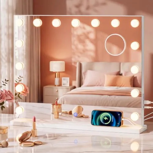 WOLTU Espejo de Maquillaje con Luz de 15 Bombillas LED, 58x48 cm | Espejo Tocador, 3 Colores de Luz y Control Táctil, con Espejo de Aumento de 5x y Puerto USB y Tipo C, Blanco