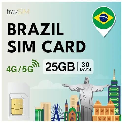 travSIM Tarjeta SIM Brasil | 25 GB - 30 días de datos móviles a velocidades 4G/5G | acceso ilimitado a Internet para Google, Facebook, WhatsApp y más