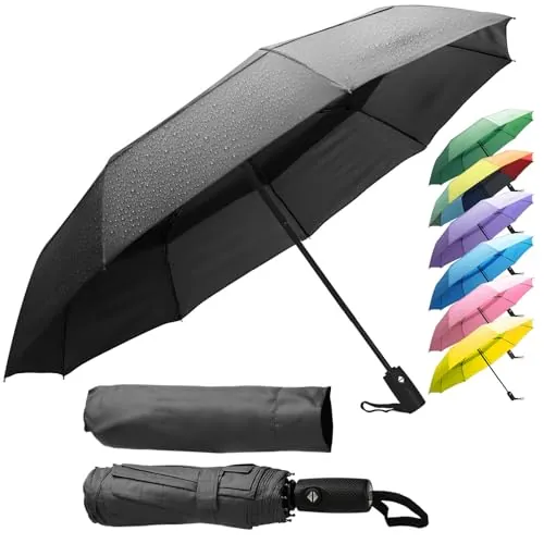 ZENO Paraguas Plegable Compacto – Mini Paraguas Automático Mujer & Hombre, Antiviento Resistente con 9 Varillas de Fibra de Vidrio, Tejido Teflón Impermeable, Negro