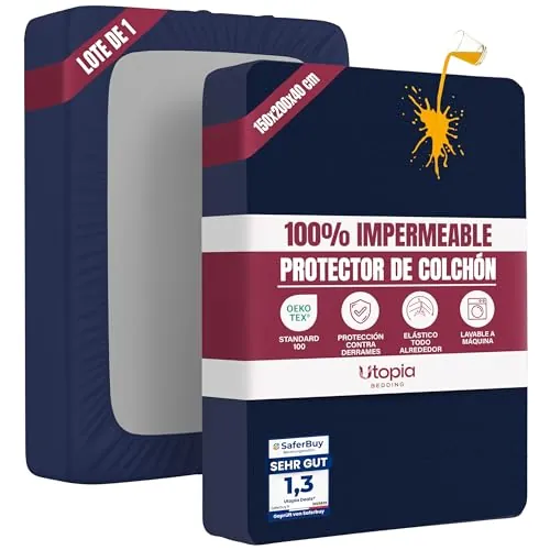 Utopia Bedding Protector Colchón 150 x 200 x 40 cm Impermeable, Certificación Oeko-Tex Funda Colchón, Cubre Colchón Transpirable, Elástico En Todo El Contorno Azul Marino