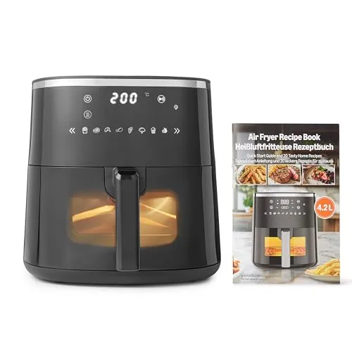 Amazon Basics Freidora de Aire, 4,2L con Ventana de Fácil Visualización, 8 Menús Preestablecidos, 1500W, Color Negro