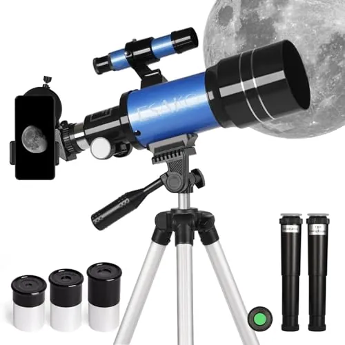 ESAKO Telescopio para Niños y Principiantes, Telescopio Refractor Astronómico Portátil con Apertura de 70 mm con 3 Oculares, Adaptador de Teléfono, Trípode Ajustable en Altura