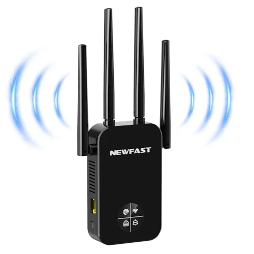 NEWFAST Repetidor WiFi Amplificador Señal WiFi 1200Mbps 5GHz Extensor Wi-Fi para Casa/Oficina, AC1200 Wi-Fi Extender Doble Banda 4X Antenas de Alta Ganancia, Puerto Ethernet, 5 Modos, WPA/WPA2