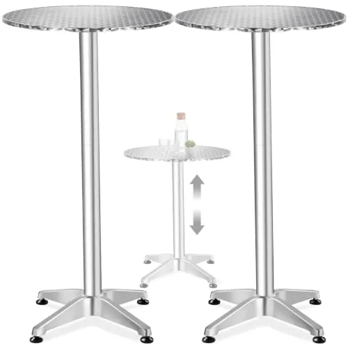 tectake® Mesa de Bistró 2 en 1, Aluminio, Ø 60 cm, Altura Regulable