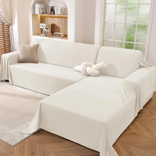 Ystyle Funda Sofa Chaise Long 2 Piezas, Funda Sofa Rinconera Antimanchas Lavable, Capa Sofa Antideslizante Universal, Protector De Sofa, Colcha Sofa Suave Cómoda, Crema (200x280+200x300 CM)