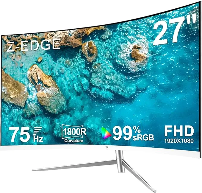 Z-Edge Monitor Gaming Curvo 27 '', 75 Hz, FHD 1080P (1920x1080), Monitor Oficina Blanco con HDMI Cable, 1800R VA Sin Marco, 178° ángulo de visión, Inclinación Ajustable, VGA+HDMI, Tecnología Eye-Care