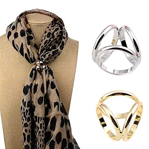2 piezas de moda para mujer, tres anillos, bufanda, bufanda, hebilla, seda, broches, soporte para envolver ropa (plata + dorado)