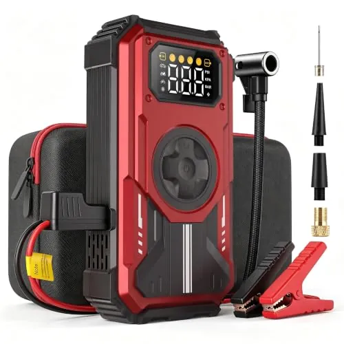 Eigotrav Arrancador de Baterias de Coche 6000A, Compresor de Aire 150 PSI, 7-en-1 Booster Bateria 12V (para 10 L Gasolina o 8.5 L Diesel), Arrancador de Coche con Pantalla LCD, Linterna LED, Rojo