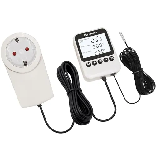 KETOTEK Enchufe Termostato Digital con Temporizador – Controlador de Temperatura Día/Noche 230V, LCD Retroiluminado para Terrario Reptiles & Invernadero, 3 Modos Seleccionables, Sonda NTC 3m