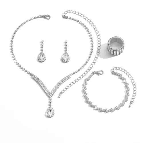 Hananoops Juegos de 4 Piezas Joyas de Mujer Conjunto de Joyería para Novia Diamantes de Imitación Collar Pulsera Pendientes Anillos Juego Elegante Plata Juegos de Joyas para Fiesta de Boda (Plata)