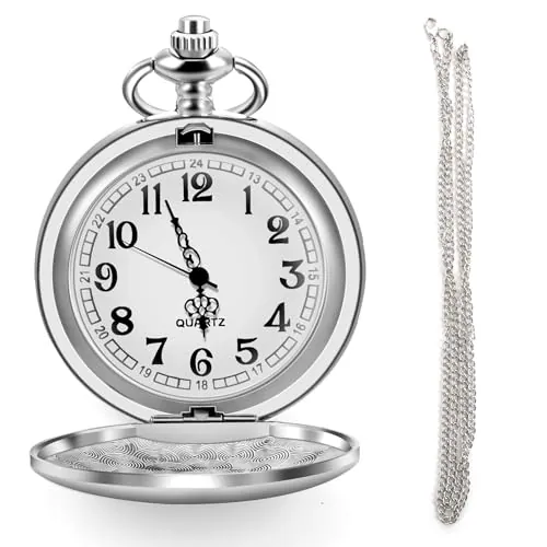 Sangcca - Reloj de Bolsillo Vintage de Cuarzo con Cadena de Acero Inoxidable, Elegante y clásico para Hombres y Mujeres, Ideal para cumpleaños y Fiestas, Plata