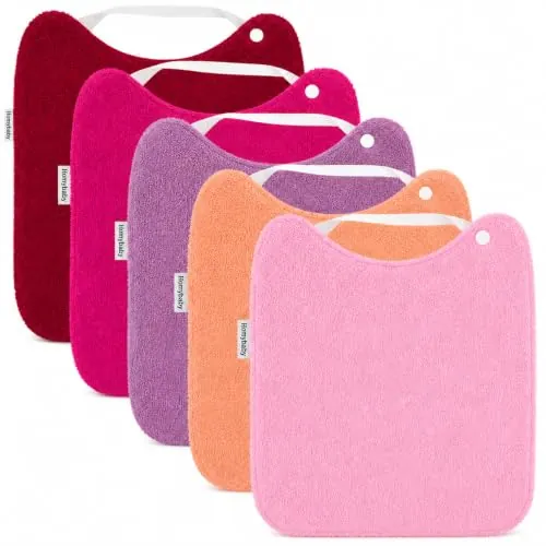 HOMYBABY® Pack 5 Baberos Rizo Bebe Impermeables y Absorbentes - Ideal Guarderia - Fáciles de Poner y Quitar - Rizo Suave Algodón y Capa de Poliester Repelente Líquido - Babero Resistente Reutilizable