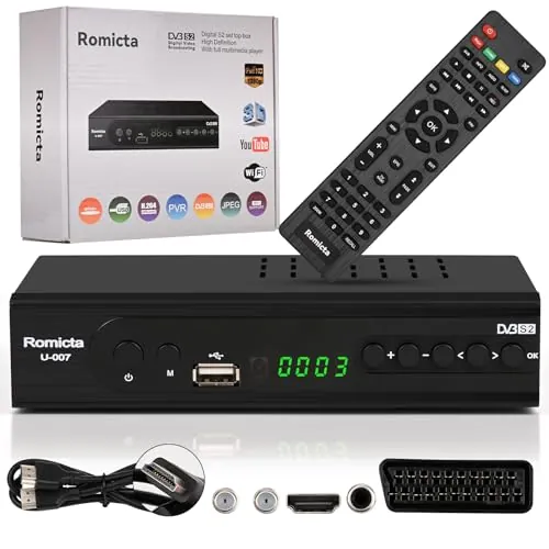 Romicta Receptor HD para satélite, receptor de satélite con HDMI, DVB-S/S2, PVR, EPG, SCART, reproductor multimedia USB, HDTV, YouTube, tiempo, negro, receptor de satélite HDTV