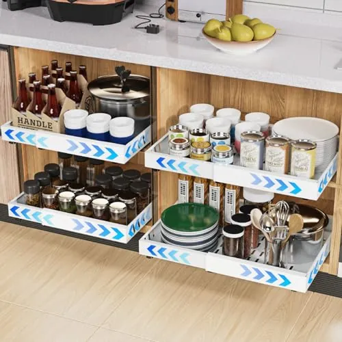 iHomara - Juego de 4 organizadores de armario extensibles con superficie adhesiva, 53 cm de profundidad para armarios de cocina, ancho ajustable de 32 a 53 cm, blanco
